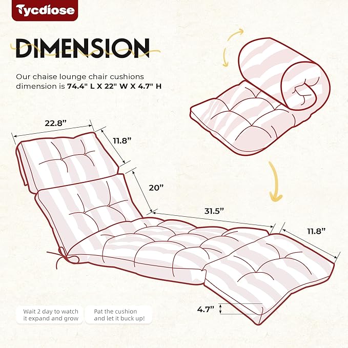 Outdoor Chaise Lounge Chair Cushion Waterproof 74.4 x 22 x 4.7 Inches Memory Foam Lounge Chair Cushions for Outdoor Furniture with Ties, Thickened Pool Lounge Chair Cushion, Stripe Red&White