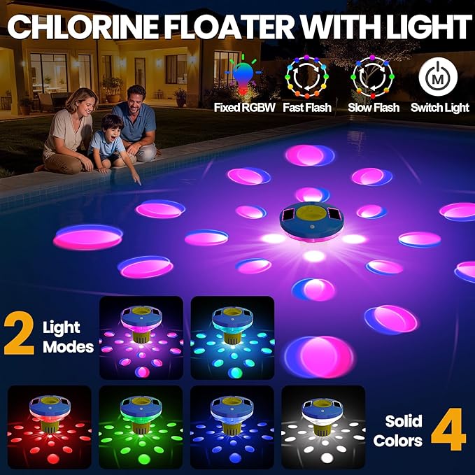 AquClor 2026 New Pool Chlorine Floater,Large Capacity Chlorine Floaters for 5 * 3'' Chlorine Tabs,Solar Chlorine Floater w/Light,Adjustable Floating Chlorine Dispenser for Pool,Hot Tub,Yellow