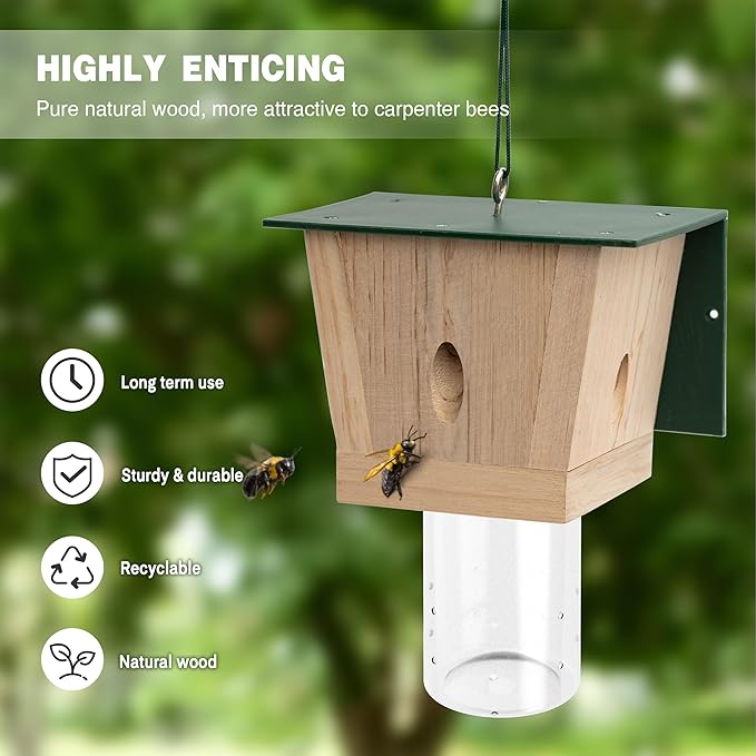 Carpenter Bee Trap for Outside - Green Pentroof Shed Style Nature Hanging Wood Carpenter Bee Traps Outdoor - Best Bee Trap - Insect Traps with Removable Vault (1 Pack)