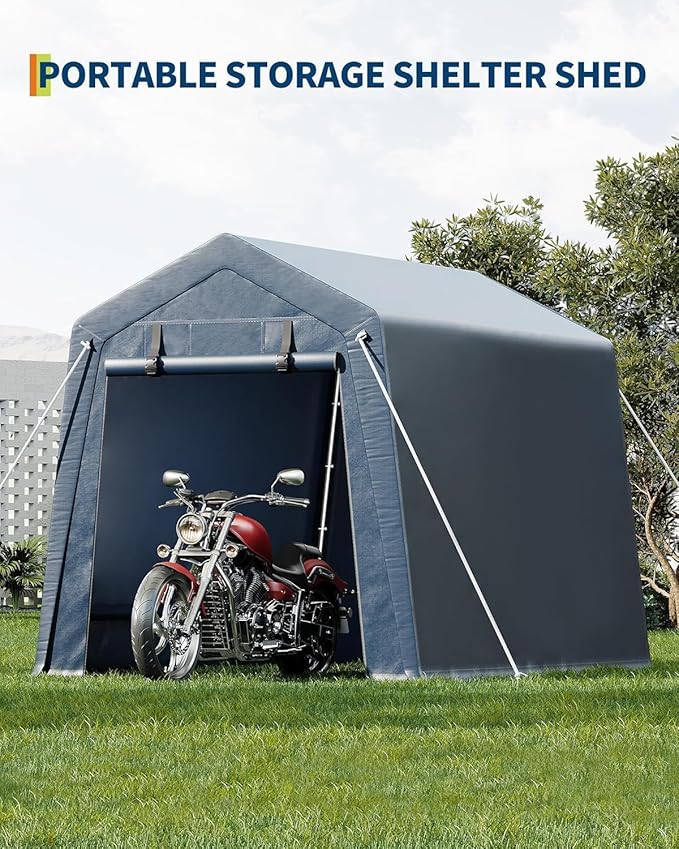 6x8 FT Outdoor Storage Shelter Shed Carport with Roll Up Door Windows Waterproof Portable Garage Heavy Duty Tent for Motorcycle Bike Firewood Tools Ventilated