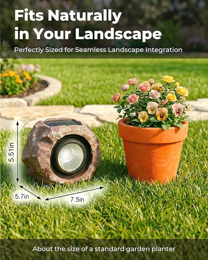4 Pack Solar Rock Lights Outdoor, Angle Adjustable Solar Lights Outdoor Waterproof, LED Solar Garden Lights, Auto On/Off Landscape Lighting for Yard Pathway Patio Flower Bed - White Glow (Stone Brown)