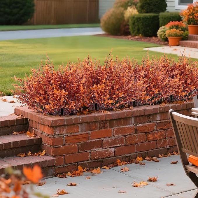 RECUTMS Fake Fall Plants for Outside Faux Lavender Flowers Fake Greenery Artificial Fall Flowers Outdoors UV Resistant Faux Autumn Plant Artificial Bushes for Bookshelf Balcony Bedroom Decor (Brown)