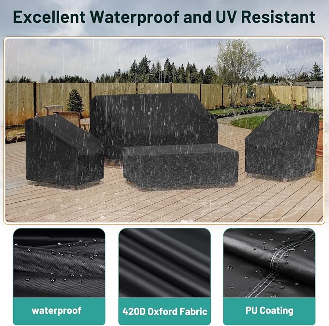 Mrrihand Patio Furniture Covers, 4 Piece Outdoor Furniture Cover Waterproof includ Ourdoor Sofa Cover, 2 Chair Covers, Coffee Table Cover with Windproof Buckle Strap and Adjustable Drawstring