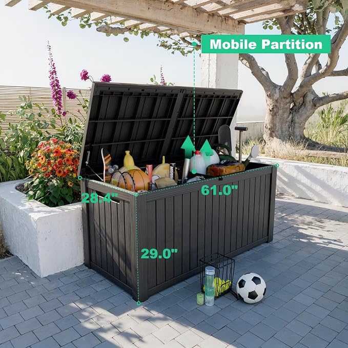 180 Gallon Deck Box, Waterproof Resin Outdoor Storage Box Lockable for Patio Furniture, Fade Resistant Patio Side Table & Organizer for Garden Tools, Pool Floats, Outdoor Cushions, Black