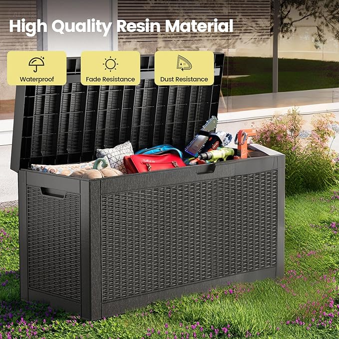 Zapdos Outdoor Storage Box, 60 Gallon Deck Box Indoor and Outdoor Use, Waterproof Resin Rattan Storage Bin for Package Storage Patio Cushions Gardening Tools, Fade Resistant, Lockable, Black