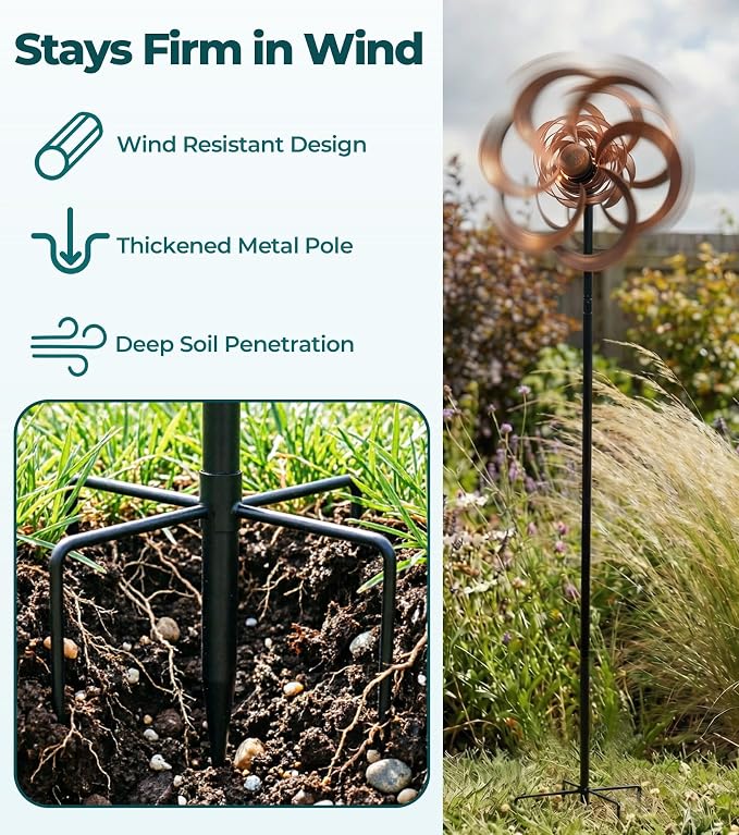 63" Metal Wind Spinner Outdoor, Double-Sided Kinetic Yard Spinner, Smooth Spinning Garden Decor, Stable 5-Prong Stake, Copper Yard Art for Lawn & Patio
