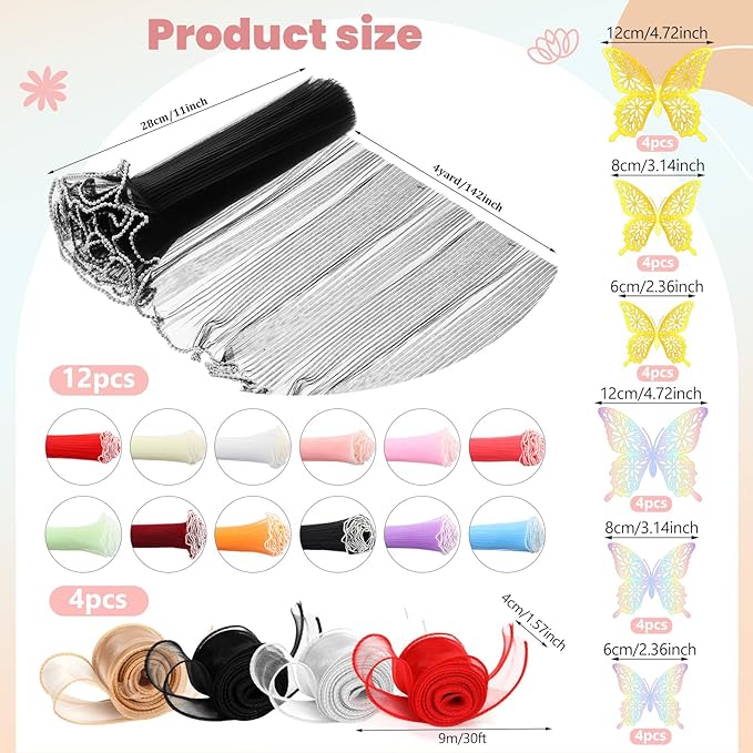 Gilprop 12 Pcs Mother's Day Flower Wrapping Mesh Paper Kit, 11 Inch x 4 Yard Wavy Pearl Edge Flower Bouquet Packaging Mesh Florist Supplies with 4 Ribbons and 24 3D Butterflies for Mother's Day