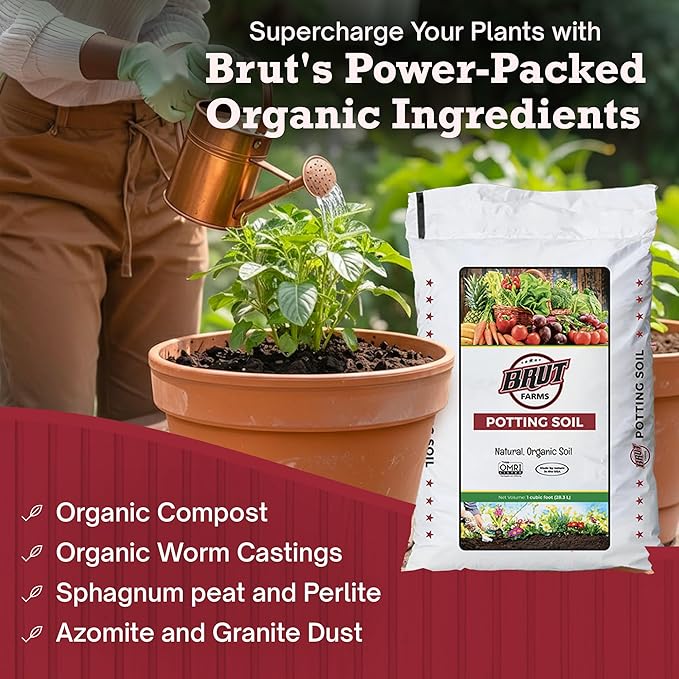 Brut Organic Potting Soil 1 CU FT – Premium Plant Soil with Organic Worm Castings, Trace Minerals & Perlite – Chemical-Free, Filler-Free – Ideal Potting Mix for Indoor & Outdoor Plants – Pack of 1