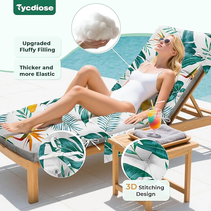 Outdoor Chaise Lounge Chair Cushion, 71 x 22 x 4.7 Inches Waterproof Chaise Lounge Cushions Thickened for Outdoor Furniture, Non-Slip Patio Lounge Chair Cushions, Yellow-Green Leaves