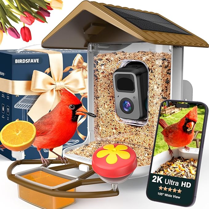 Bird Feeder with Camera Solar Powered, 2K Live Arrival Alert Auto Capture Video with 32GB TF Card, AI Identify Smart Camera Bird Feeder Ourdoor Backyard Gift for Mom Dad Birdlover, 2.4G WiFi