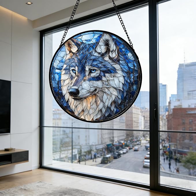 DASTOLL Stained Glass Window Hanging - Funny Wolf Suncatcher Ready to Hang Window Doors Home Decoration and Christmas, Mother's Day Birthday Gifts for Women, Men, and Mom 11.8x11.8 in