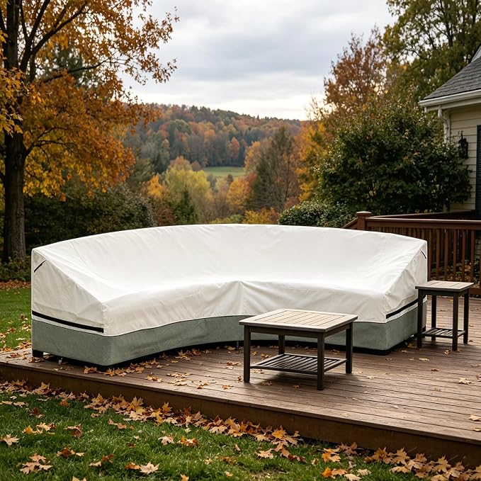 Okcool Outdoor Sectional Cover,Curved Patio Furniture Covers for 3-4 Seater Outdoor Furniture Couch,120"(Back Arc Length) x 81"(Front Arc Length) ,White&Grayish Green