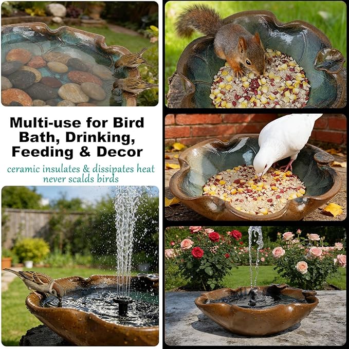 Ceramic Birdbath Solar Fountain, 12.5-Inch Heavy Duty Ceramic Bird Bath Bowl for Outdoor Water Fountain, Wildlife Drinking Station & Ground Feeder, Garden Patio Décor