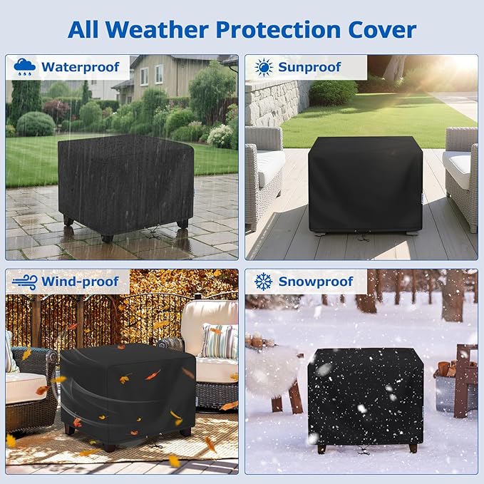 SunPatio Outdoor Ottoman Cover, Waterproof Square Coffee Table Cover, Patio Furniture Side Table Cover, All Weather Protection, 26W x 26D x 18H, Black