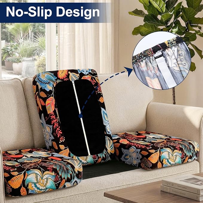 Smiry Waterproof Patio Cushion Covers, Stretch Outdoor Couch Slipcovers Replacement Washable Furniture Protector Sofa Chair Seat Cover for Dogs and Pets (4 Pcs, Black and Orange)