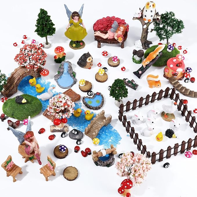 109 Pcs Fairy Garden Accessories Fairy Garden Kit Miniature Fairy Figurines Accessories Fairy Animals Decor Outdoor for DIY Dollhouse