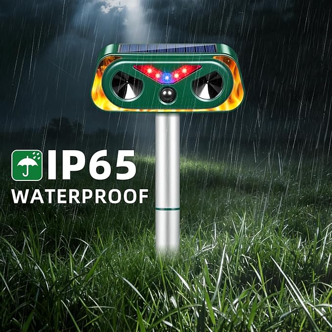 Upgraded Solar Animal Repellent Ultrasonic Outdoor Cat Deterrent Deer Repellent Devices,Waterproof Dog Repeller with Motion Sensor,Flashing Lights,Scare Squirrels Rabbits Raccoons Skunks Garden,2 Pack