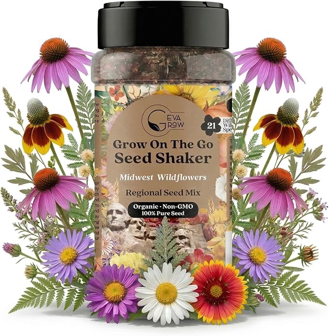 on the Go Seed Shaker - Midwest Wildflower Seeds Regional Mix - Organic, Non-GMO - 100% Pure Seed - 21 Different Wildflowers Seeds of Annual and Perennial, 8oz