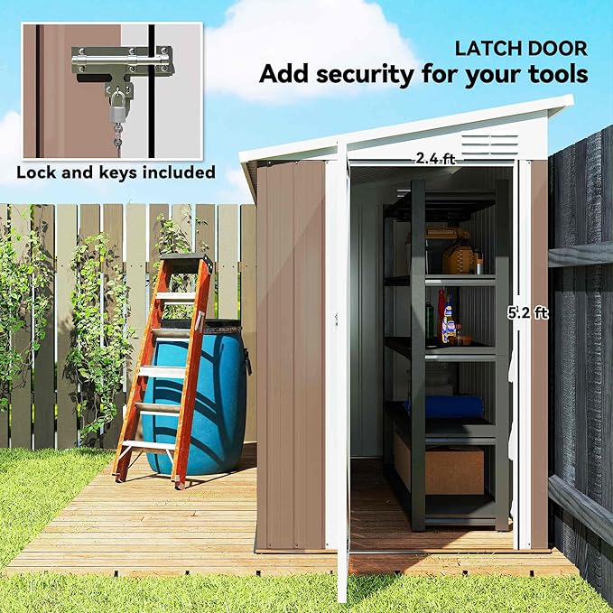 Outsunny 4' x 8' Metal Outdoor Storage Shed, Lean to Storage Shed, Garden Tool Storage House with Lockable Door and 2 Air Vents for Backyard, Patio, Lawn, Brown