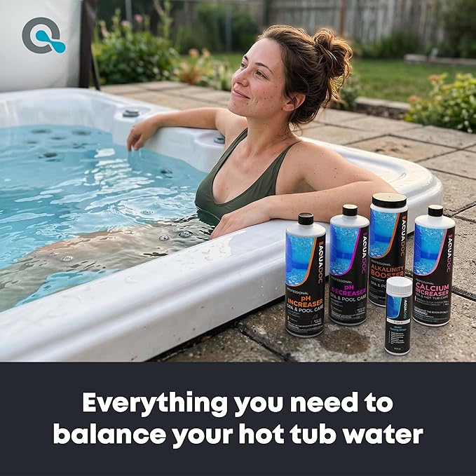 AquaDoc Hot Tub Water Balance Kit with pH Increaser, pH Decreaser, Alkalinity & Calcium Increaser, 100 Test Strips - Hot Tub Chemicals Starter Kit Compatible with Chlorine & Bromine - Made in USA