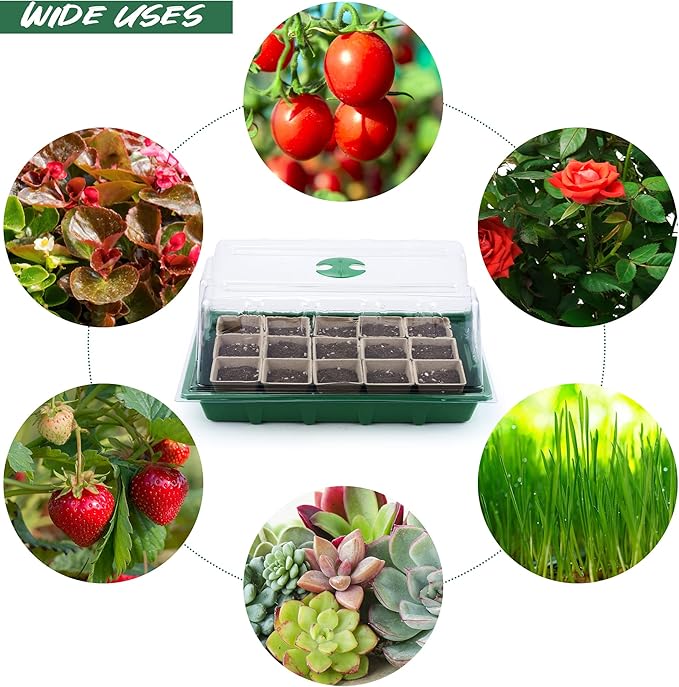 Hahood 4 Pack Seed Starter Tray Set Plants Growing Trays Peat Pots for Seedlings with Seed Starter Pots, Plastic Germination Tray, Plant Labels, Tool for Flower Vegetable Planting, Green