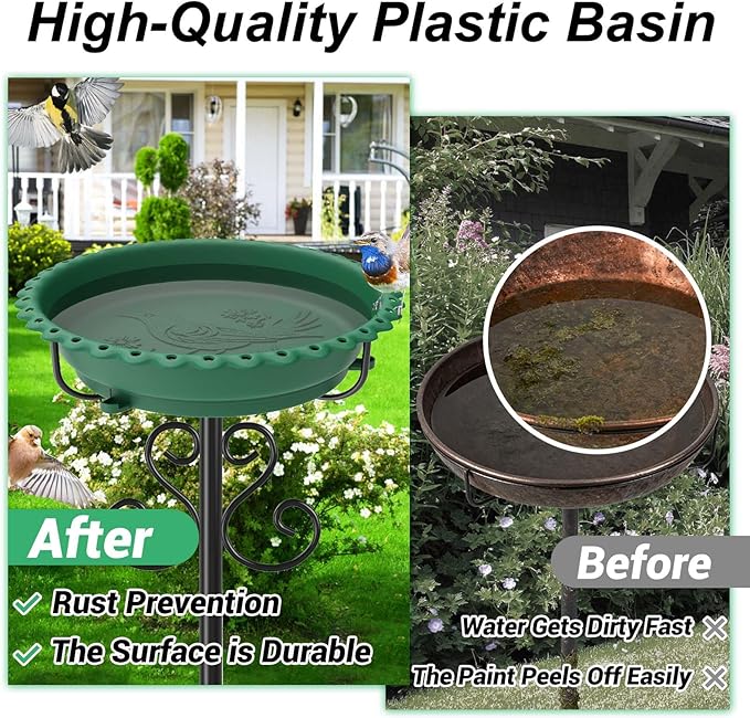 Bird Bath for Outside,40In Vintage Freestanding Bird Feeder Birdbaths for Outdoors, Bird Bath Detachable Plastic Bowl for Garden Patio Yard Lawn Decor, 5-Pronged Base & Easy to Clean (Green)