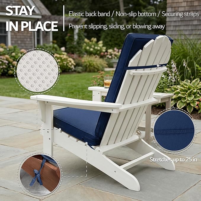 Adirondack Chair Cushions Set of 4 - Removable Covers, Water-Repellent & Fade-Resistant Faux Linen, Securing Straps, Non-Slip Bottom, Fit for Most Outdoor Adirondack & Rocking Chairs - Navy