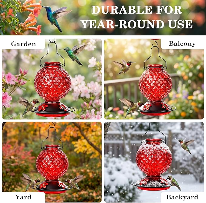 Glass Hummingbird Feeder for Outdoors Hanging, 25 OZ Humming Bird Nectar Feeder with 4 Bee Guard Feeding Ports & Built-in Ant Moat, Bird Feeder for Outside, Gifts for Women Mom, Red