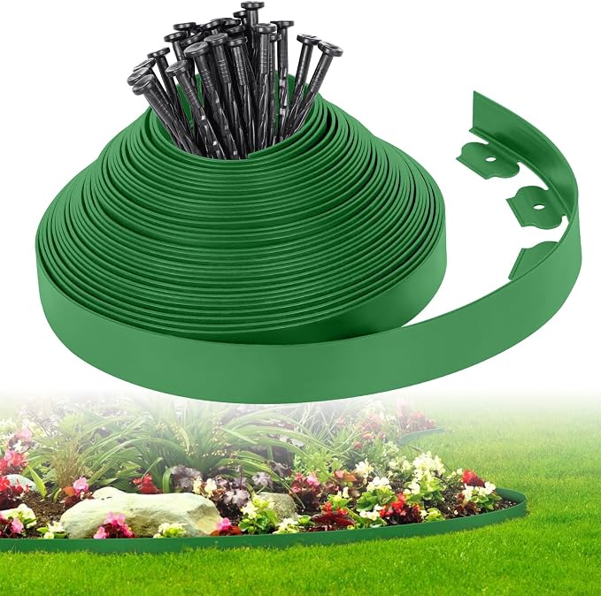 2-Inch x 50 FT Landscape Edging Border with 75 Stakes, Garden Edging Border Lawn Edging Border, Plastic Edging Border Flexible for Garden Flower Beds Lawn Yard Paver Pathway (Green)