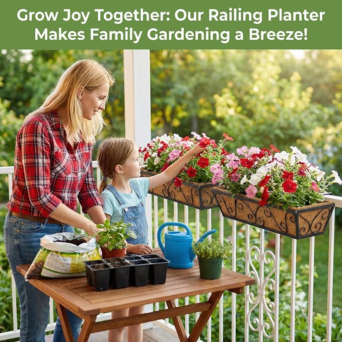HFHOME 30 Inch Railing Planter Box with Coco Liners and Adjustable Brackets for Porch, Fence, Patio, Balcony Hanging Flower Railing Baskets, Outdoor Garden - 2 Packs