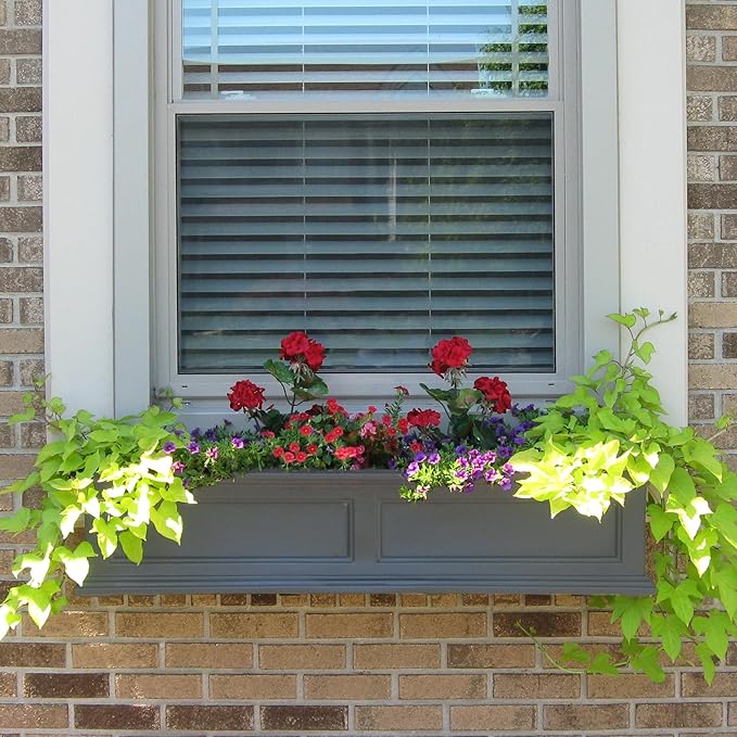 Mayne Fairfield 4ft Window Box, Self Watering Flower Box with Double Wall Design, All Season Fade Resistant Outdoor Window Planter with Steel Mounting Bracket, Graphite Grey