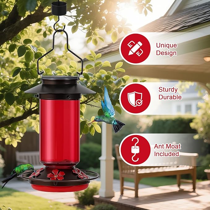 TANSOREN Solar Hummingbird Feeder for Outdoors Hanging Glass 21 Ounce with 5 Bee Guard Feeding Ports and Ant Moat, Leak-Proof, Red