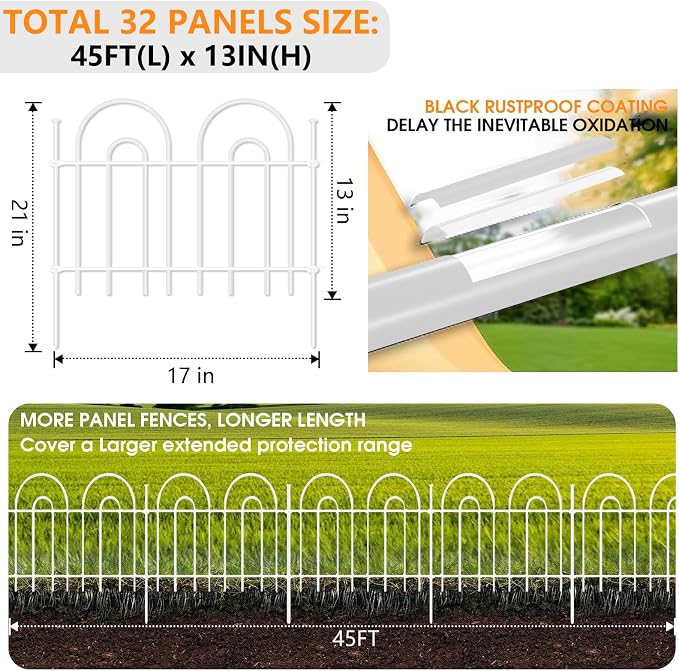 45ft X 13in Animal Barrier Fence, 32 Panels No Dig Fence for Dogs Rabbit, Anti Digging Defense Barrier Garden Edging Border, Rustproof Metal Arched Decorative Garden Fencing for Outdoor, Yard, White