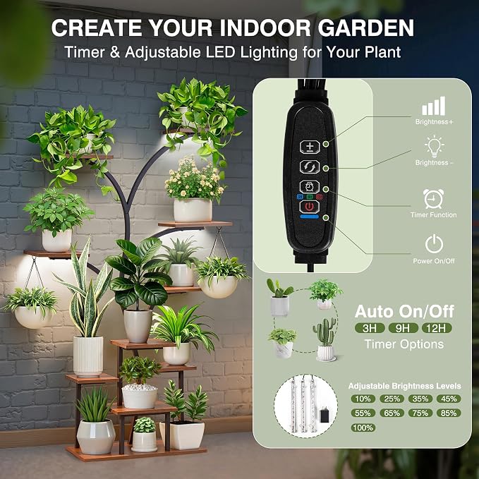 VECELO Plant Stand with LED Light, 10-Tier Indoor Plant Shelf with Supplemental Lighting, Metal Frame & Wood Shelves with Hanging Hooks, Space-Saving Plant Rack for Living Room or Corner Display