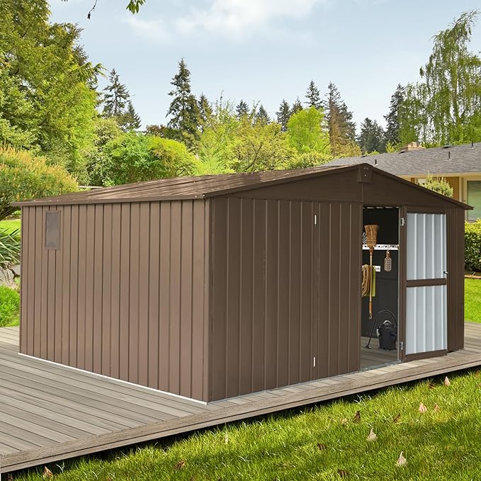 Christopher Knight Home Avonn Backyard Storage Shed 11' x 12.5' with Galvanized Steel Frame & Windows, Outdoor Garden Shed Metal Utility Tool Storage Room with Lockable Door for Patio, Brown
