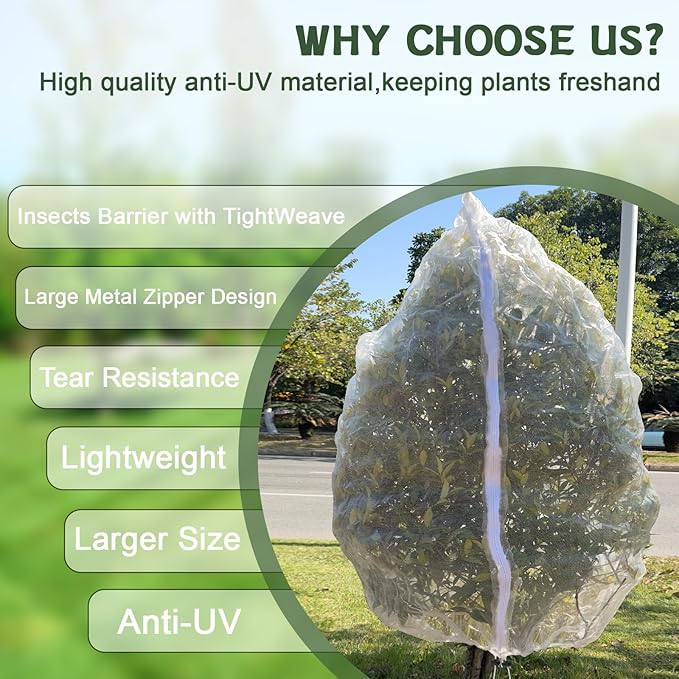 2Pack 10 x 10FT Large Fruit Tree Netting Bags with Zipper and Drawstring, Bird Netting for Blueberry Bushes and Apple Tree, Garden Netting Cover Safeguard Plant from Pest, Deer and Birds