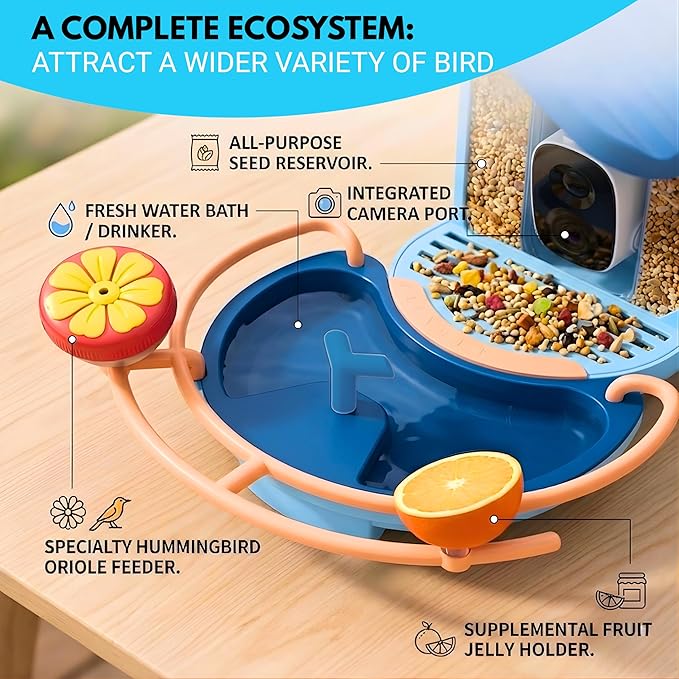 Bird Feeder with Camera, 2K HD Smart Outdoor Bird Feeder, Solar Powered 5200mAh Battery, AI Bird Identification (10,000+ Species), Motion Detection Alerts, Night Vision, Bathing Area, OKAM Pro App