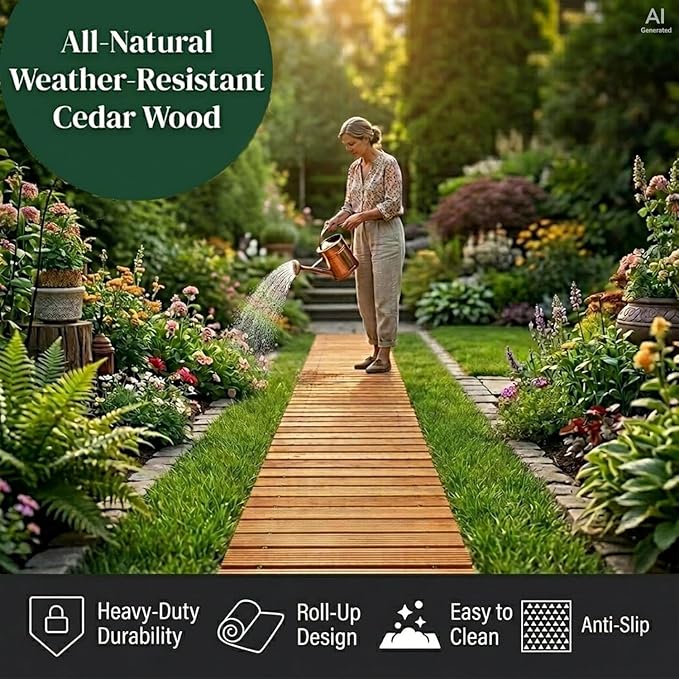 Plow & Hearth 8' Straight Outdoor Wooden Pathway | 18" Wide Rollout Outdoor Garden Walkway | Weather-Resistant Hardwood Cedar Board Walkway Landscape Edging | Decorative Lawn Patio Wedding Party