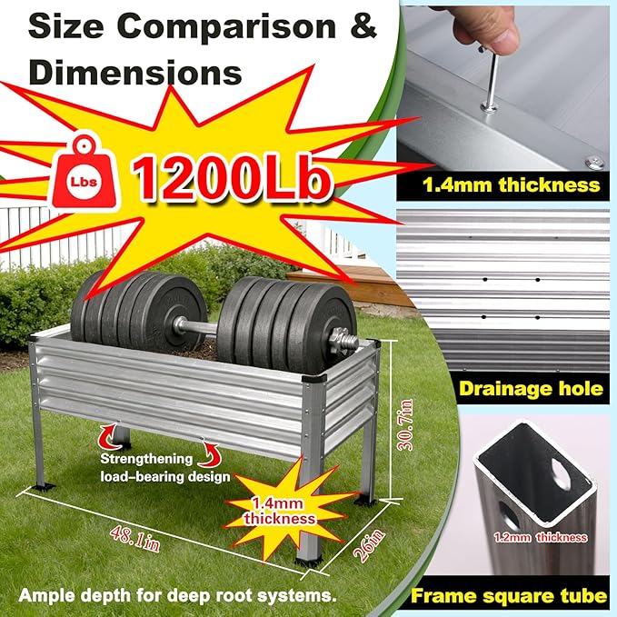Large Galvanized Raised Garden Bed Outdoor with Legs, Load Capacity 1200LB, 48x26x30in Raised Garden Bed, for Backyard/Patio/Balcony/Gardening/Vegetables Flowers, Sliver