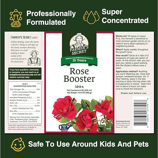 Farmer's Secret Rose Booster Fertilizer (8oz) - Super Concentrated - Formulated for All Types of Roses Throughout The Life Cycle - Encourages Healthy Growth and Vibrant Blooms