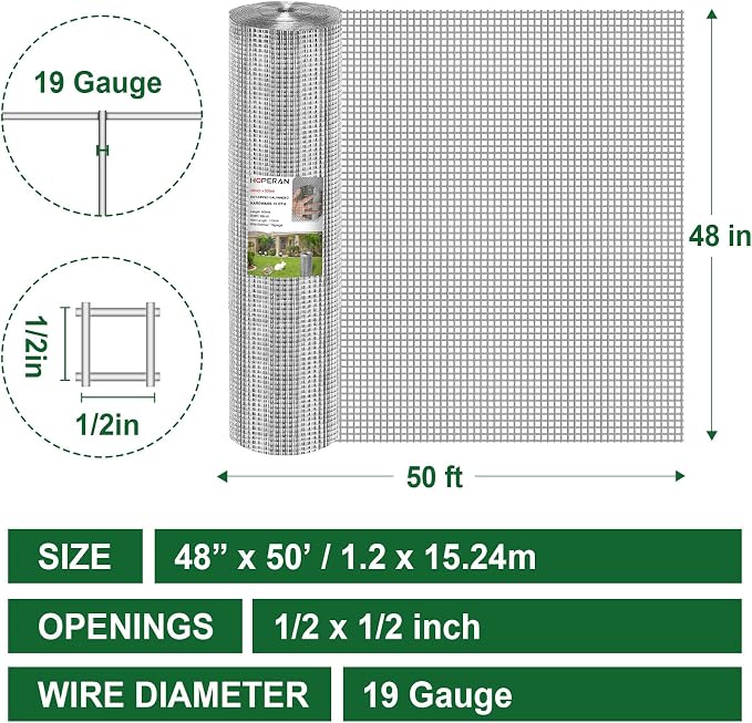 HOPERAN Hardware Cloth 1/2 Inch 48 x 50 ft - 19 Gauge Chicken Wire Fencing Mesh, Hot Dipped Galvanized After Welding, Wire Fence Rolls for Garden Fencing, Gopher Wire Rabbit Wire Poultry Netting