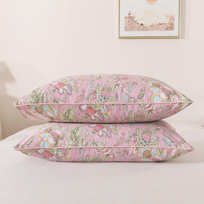 FADFAY King Sheet Set 4Pcs 100% Egyptian Cotton Bed Sheets Deep Pocket Soft Breathable Vintage Misty Pink French Country Bedding Shabby Cottagecore Floral Bedding Luxury Hotel Quality for All Seasons
