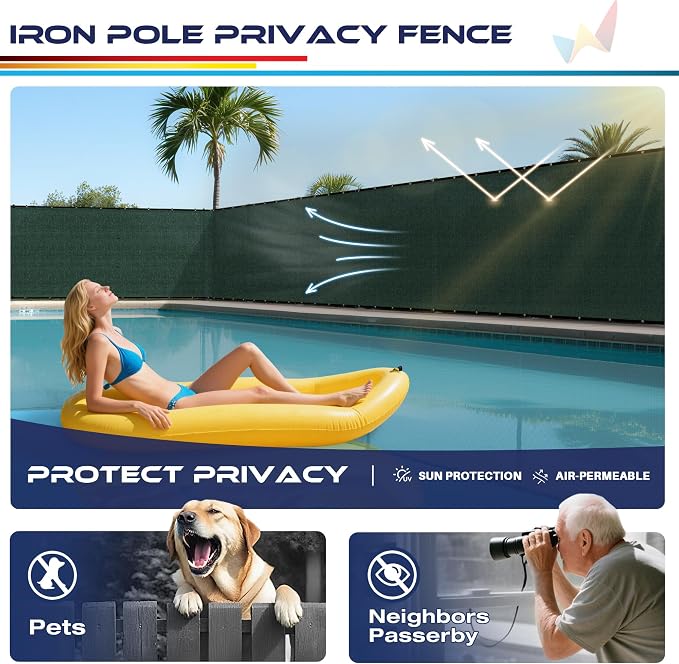 Windscreen4less Outdoor Privacy Fence Screen, 5'x30' Freestanding Privacy Fencing Set with Iron Poles and Ground Spikes, UV Resistant Mesh Cover Garden Pet Fencing for Backyard Patio Pool, Green