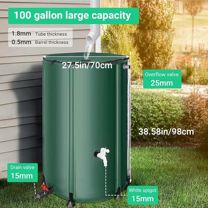 FAMIROSA 100 Gallon / 378L Collapsible Rain Barrel, Foldable PVC Rain Barrels to Collect Rainwater from Gutter, Portable Water Storage Tank Container with Spigot, Water Catcher Collector Green