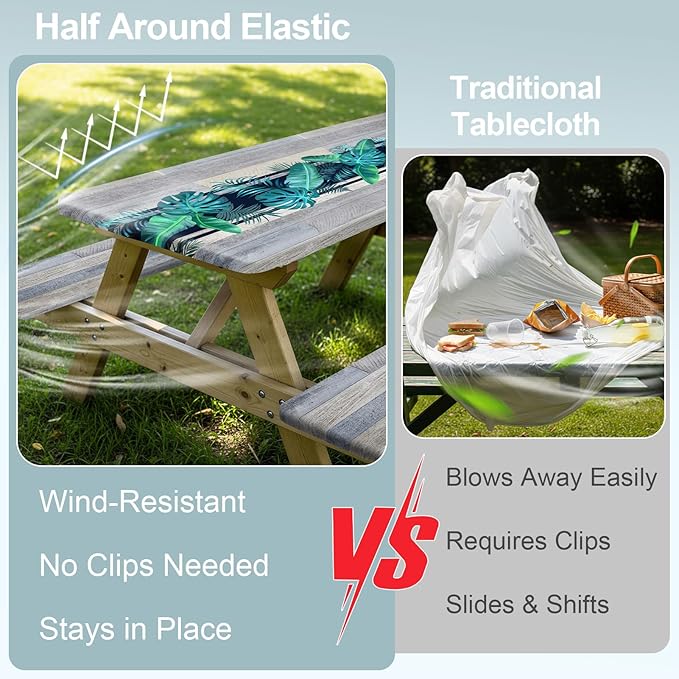Picnic Table Cover with Bench Covers Camping Essentials Waterproof Windproof Camping Tablecloth with Drawstring Bag, Fitted Rectangle Tables and Seats, 72in, Palm Leaf
