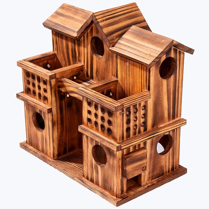 MIXUMON 8-Room Wooden Bird House with 2 Front Feeders – Large Outdoor Birdhouse for Multiple Birds, 1.57” Entrance Holes, Easy Access Cleaning Doors, Rustic Burnt Wood Design for Garden, Yard & Patio