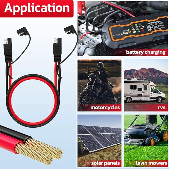 10AWG SAE Extension Cable 10 Gauge SAE to SAE Extension Cord with Two Prong Connectors for Solar RV Automotive (1FT)