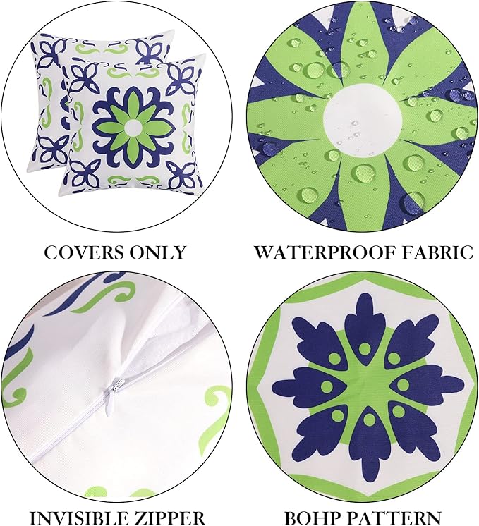 Pyonic Outdoor Pillow Covers 16x16 Set of 4,Spring Summer Foral Garden Waterproof Throw Pillow Covers Cushion Covers for Patio Couch Tent,Navy Blue