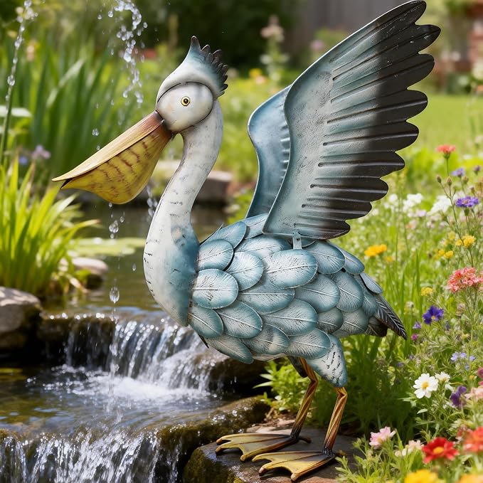 Metal Pelican Garden Statue, 18.5in Large Coastal Pelican Outdoor Yard Art Decor with Hand-Painted Blue & White Finish, Lifelike Bird Sculpture for Backyard Pond, Patio, Flowerbed or Home Decor