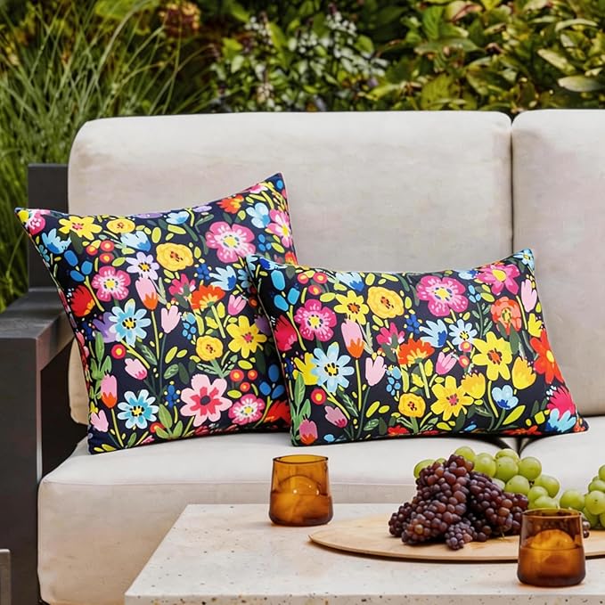 Adabana Spring Outdoor Waterproof Floral Pillow Covers Set of 2 Square Colorful Couch Cushion Cases 20x12 Inch Waterproof Decorative Pillows for Patio Garden Beach,Black